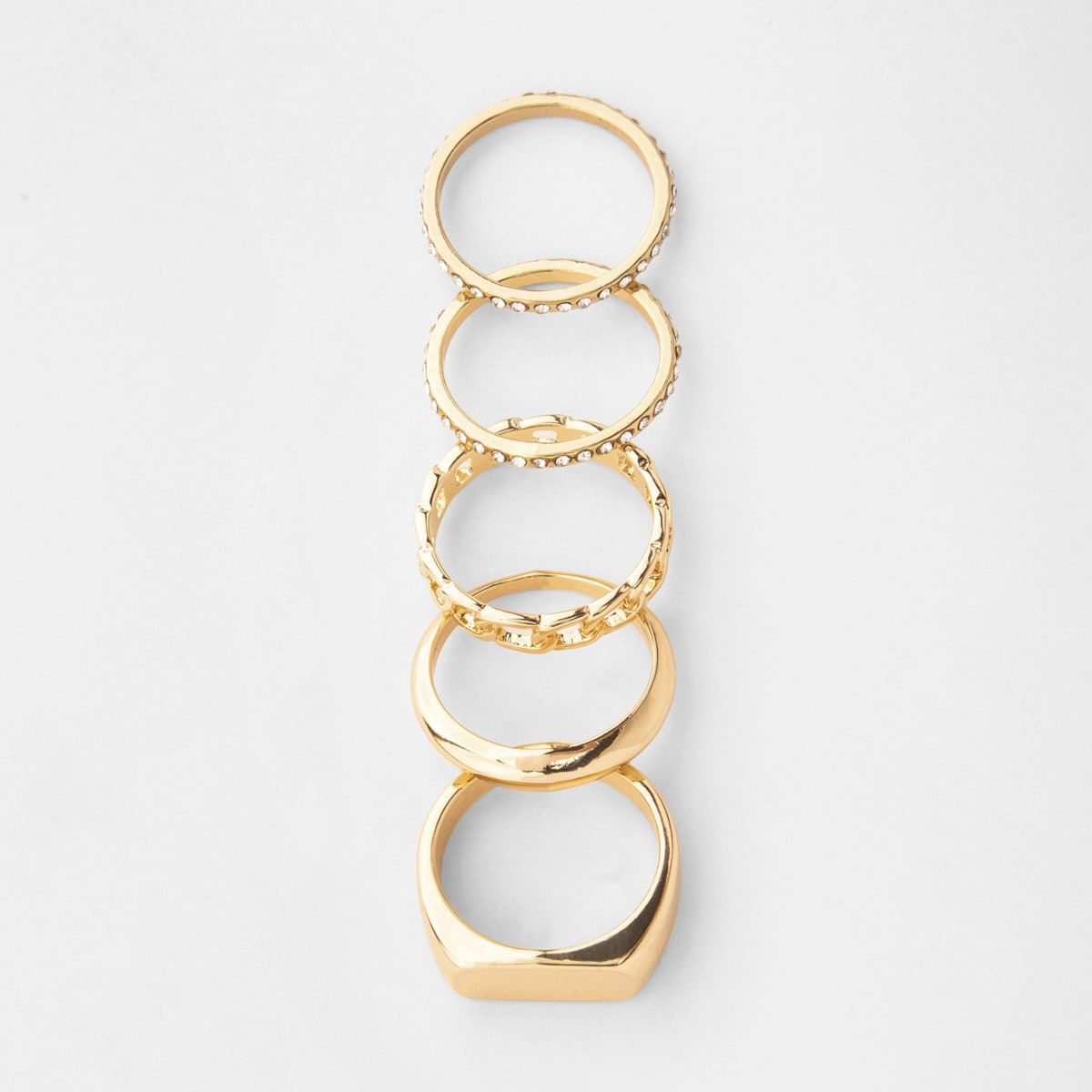 5 Pack Diamante Rings - Small/Medium, Gold Look
