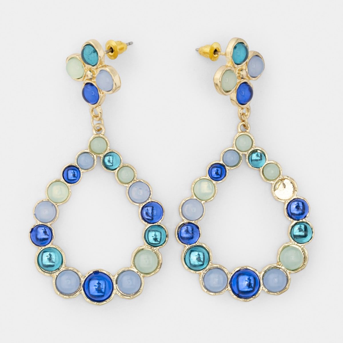 Flower Tear Drop Earrings - Gold Look and Pale Blue