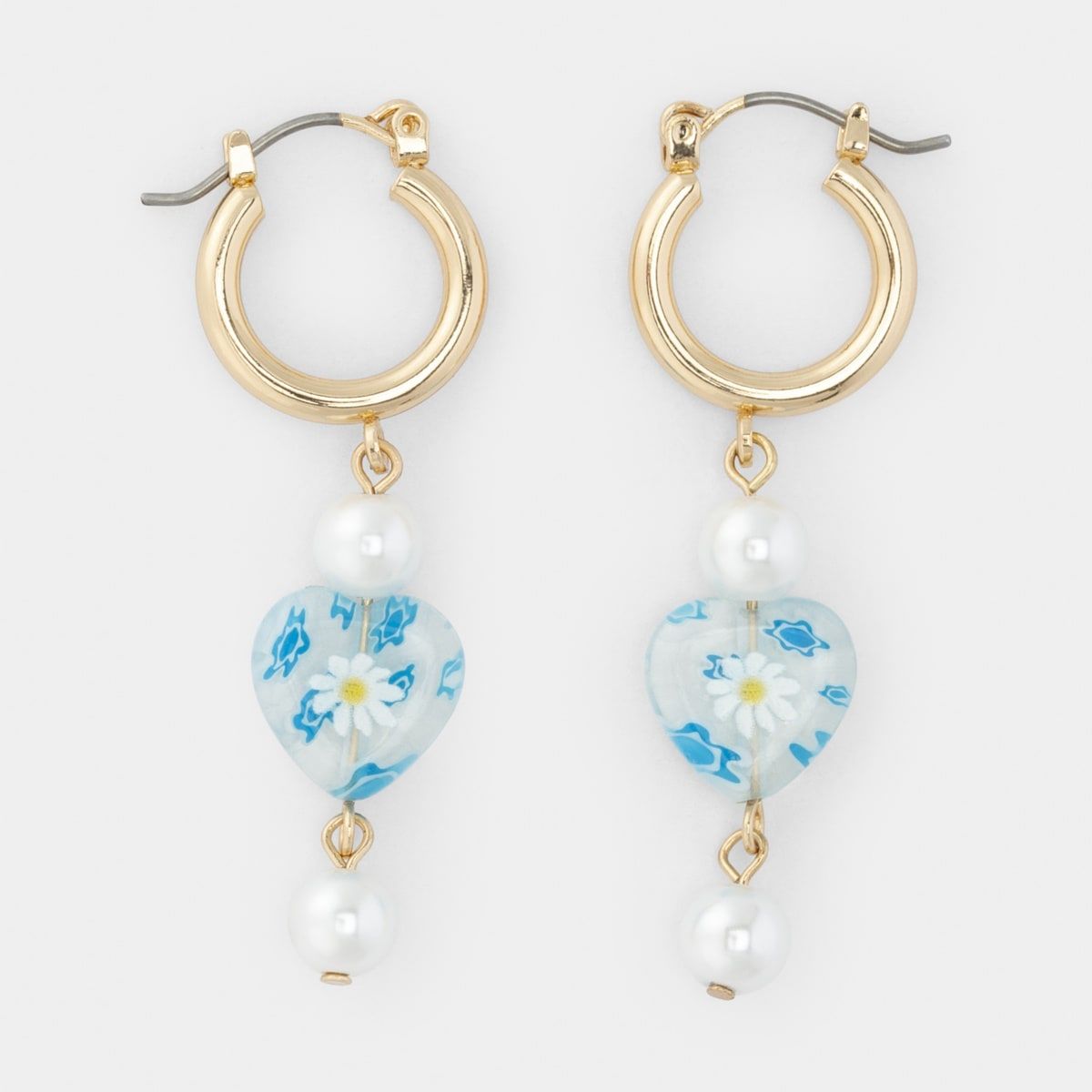 Beaded Heart Drop Earrings - Gold Look and Blue