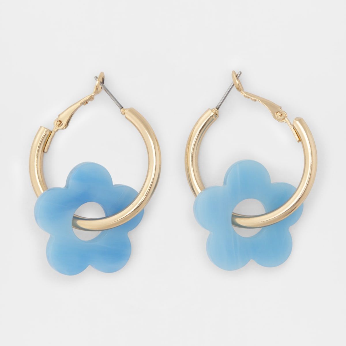 Flower Hoop Earrings - Gold Look and Blue