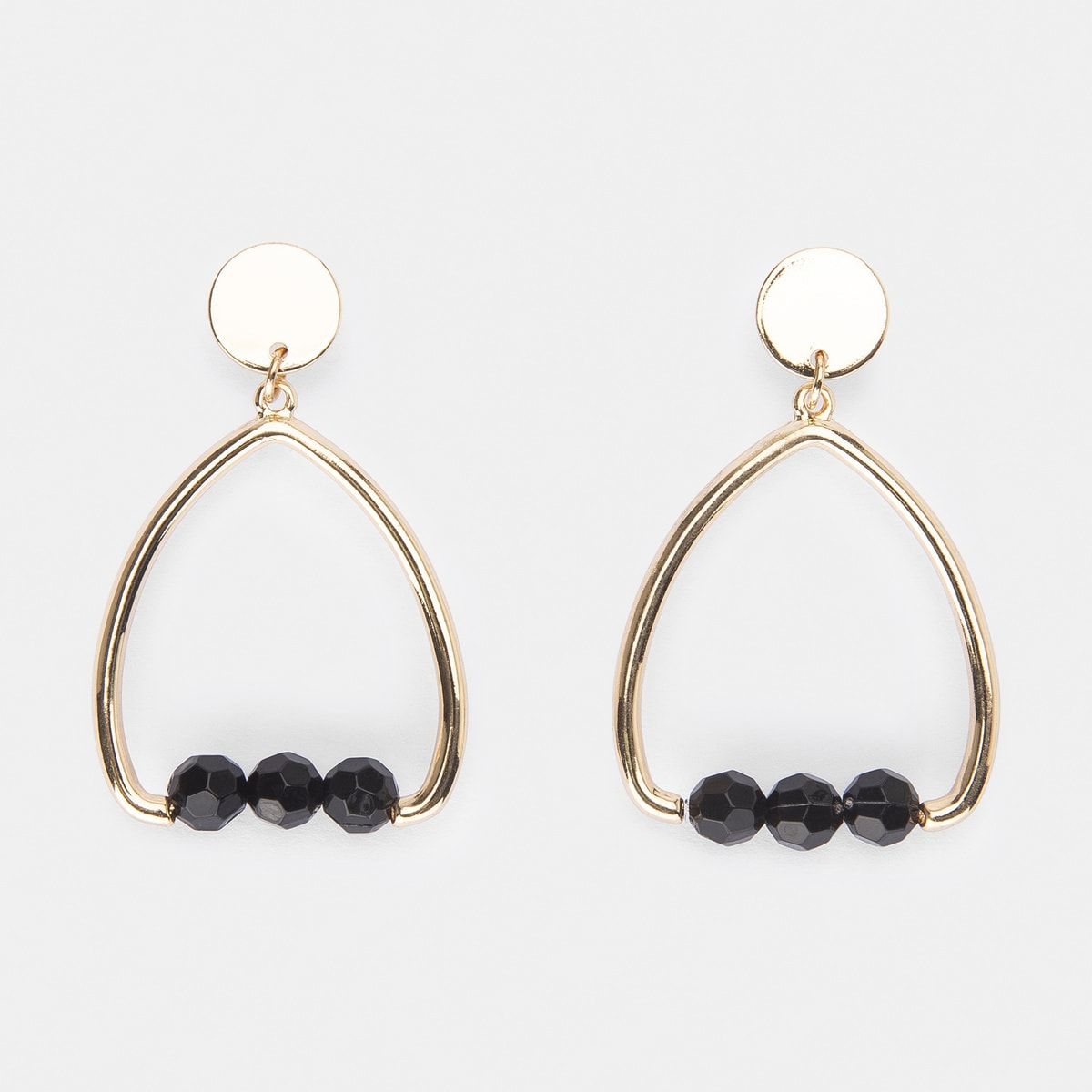 Stud and Loop Bead Hoop Earrings - Black & Gold Look