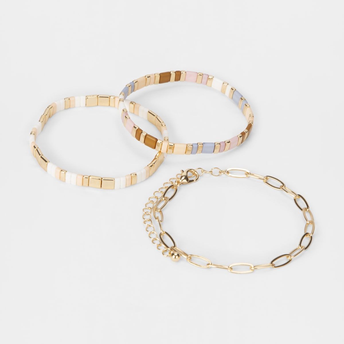 3 Pack Neutral Beaded Bracelets - Pastel and Gold Look