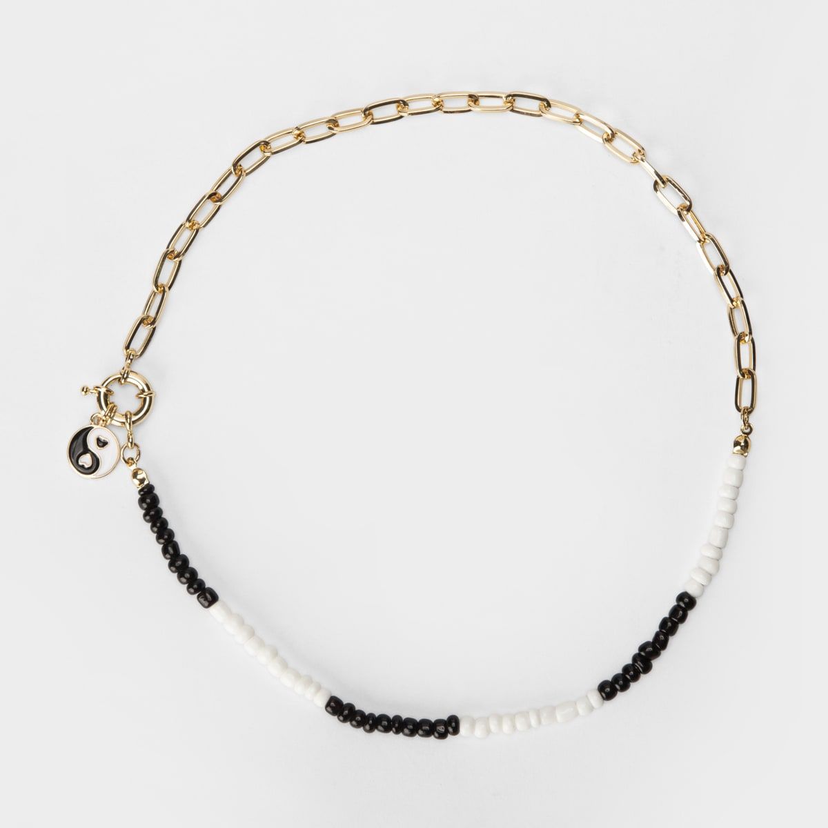 Ying Yang Chain Necklace - Gold Look, Black and White