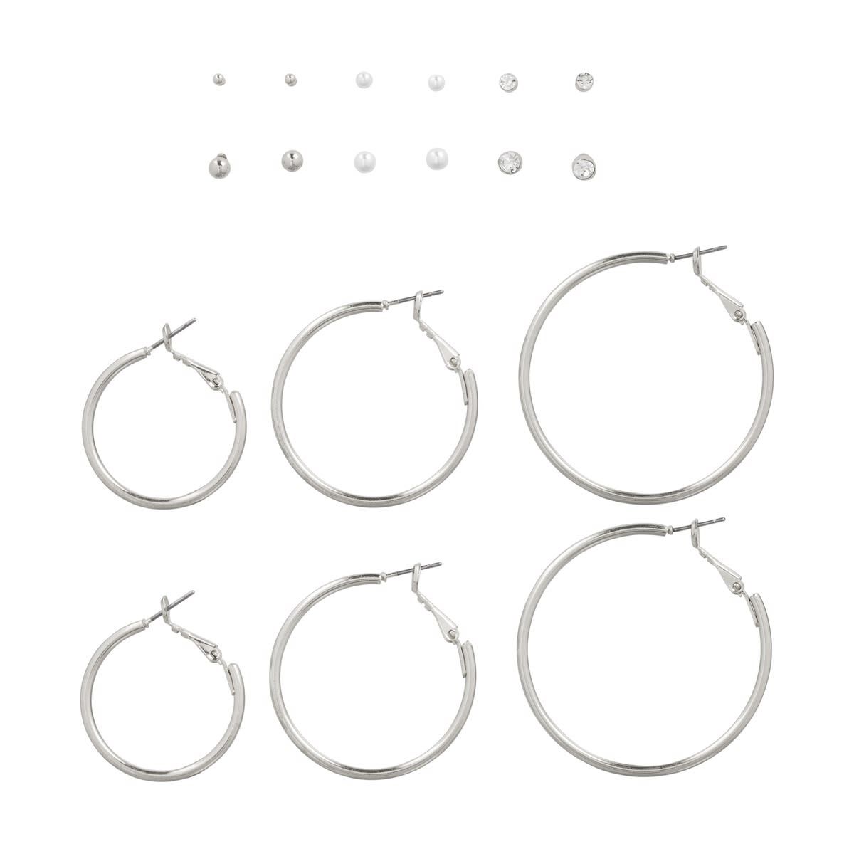 9 Pack Stud & Hoop Earrings - Silver Look
