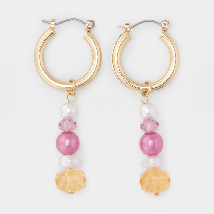 Faux Pearl and Bead Drop Earrings - Gold Look and Pink
