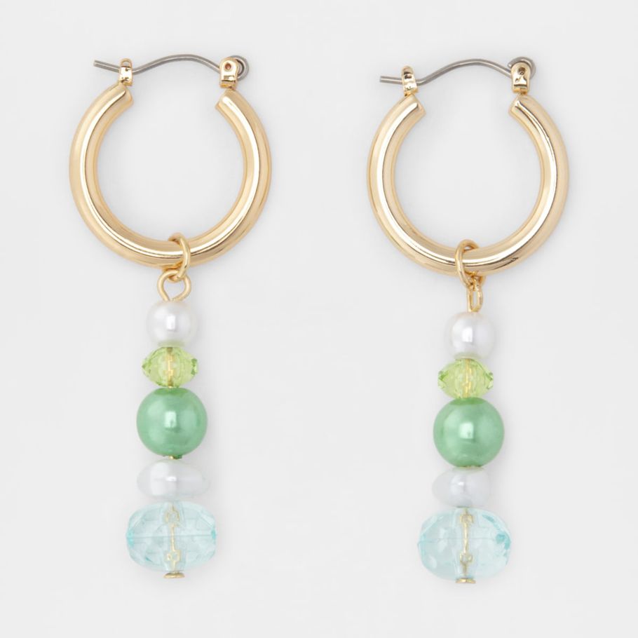 Faux Pearl and Bead Drop Earrings - Gold Look and Green