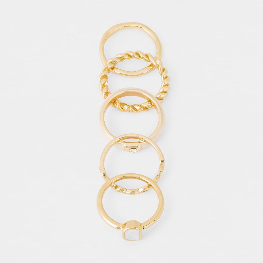5 Pack Enamel Finish Stacking Rings - Small/Medium, Gold Look and White