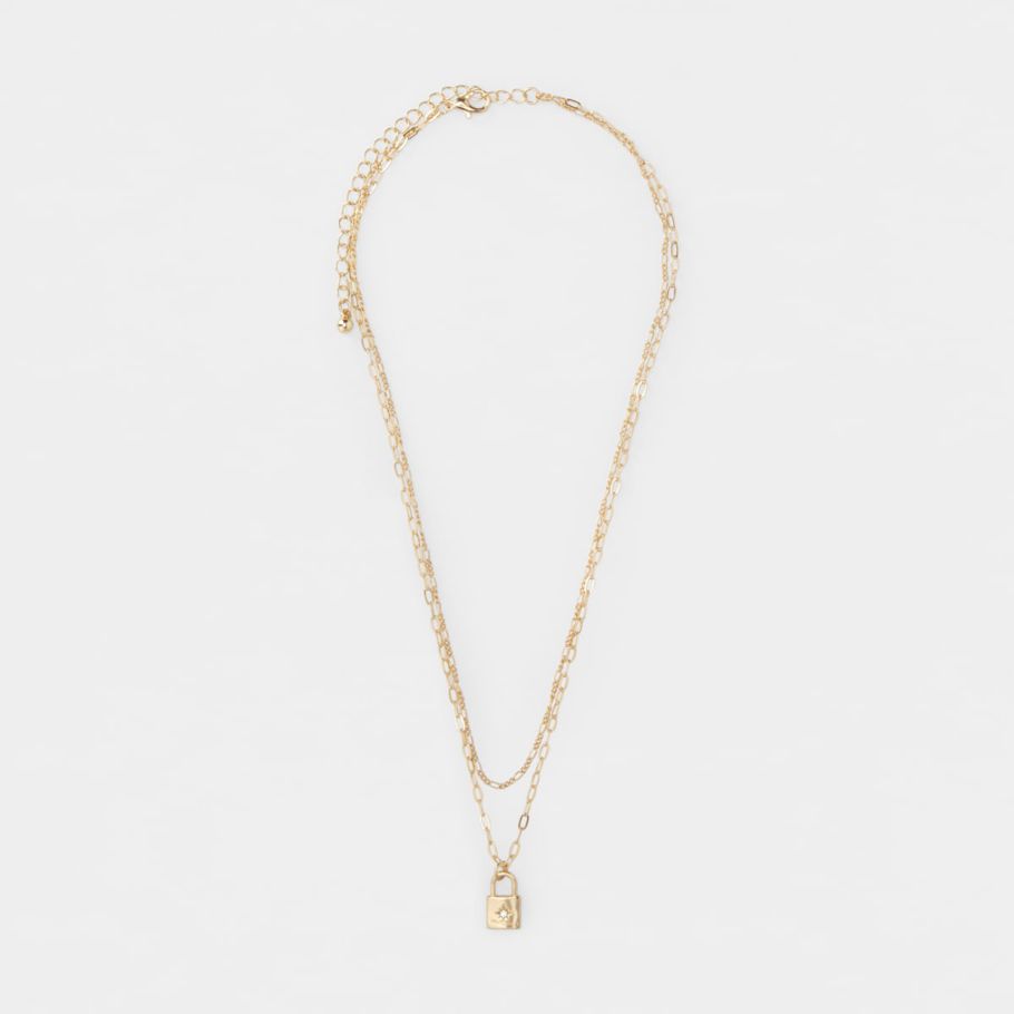 Multi Layer Lock Chain Necklace - Gold Look