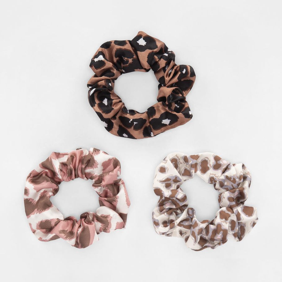 3 Pack Mix Print Satin Hair Scrunchies - Leopard