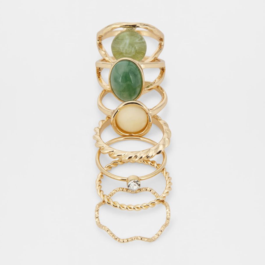 7 Pack Gem Rings - Medium/Large, Green and Gold Look