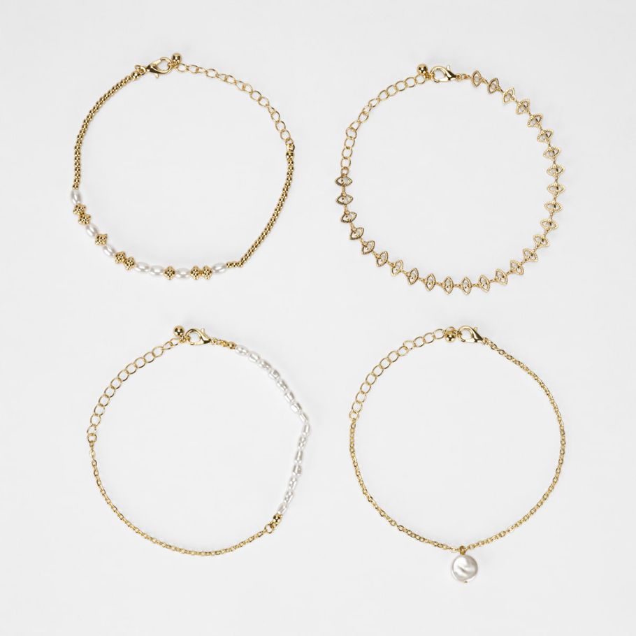 4 Pack Pearl Beaded Wrist Bracelet - Gold Look