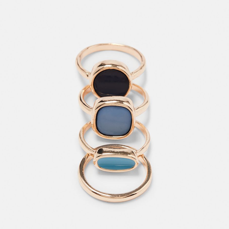 4 Pack Enamel Square Stacking Rings - Small/Medium, Blue and Gold Look