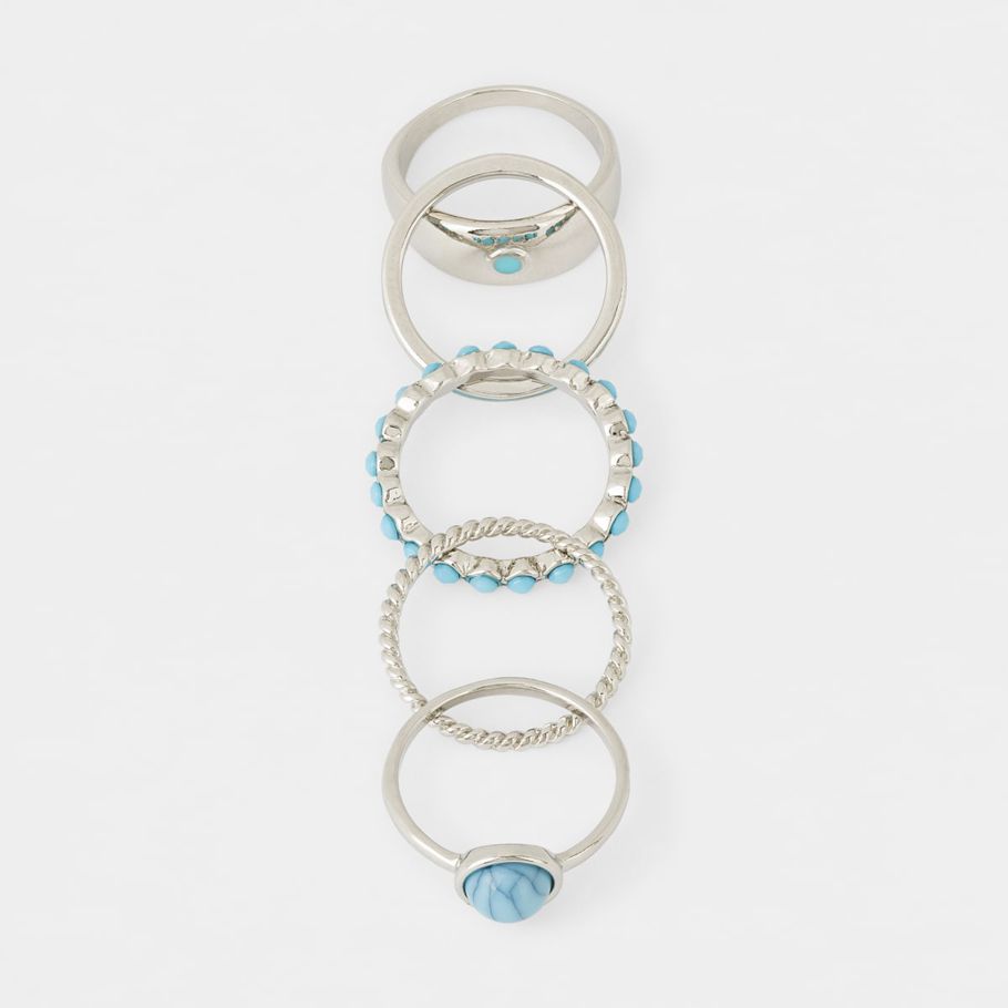 5 Pack Stacking Rings - Small/Medium, Turquoise and Silver Look