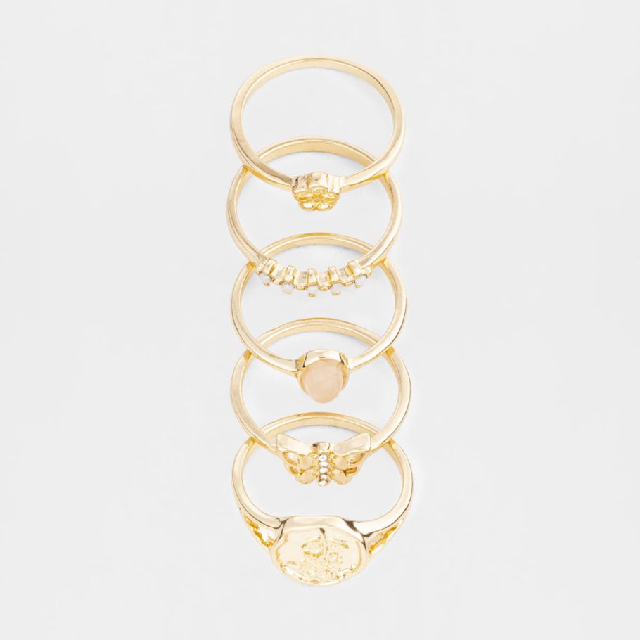 Floral Butterfly Multi Pack Rings - Small/Medium, Gold Look