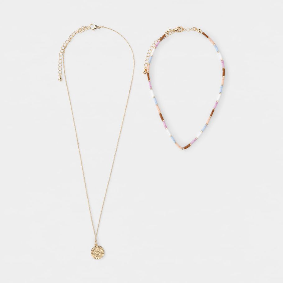 2 Pack Beaded Coin Necklace - Gold Look and Pastel