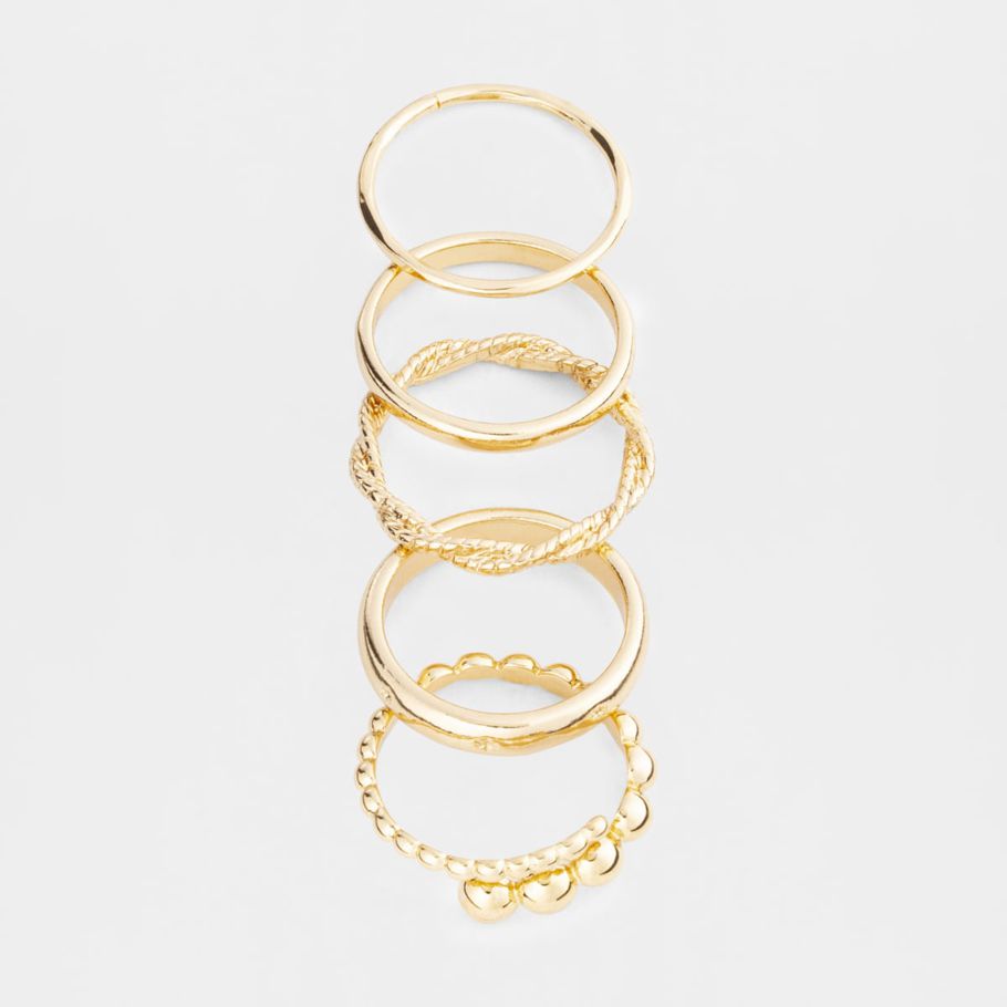 5 Pack Minimal Rings - Small/Medium, Gold Look