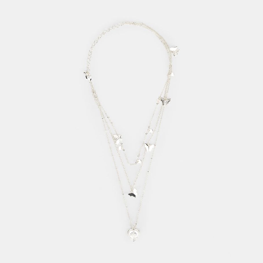 Butterfly Multi Layered Necklace - Silver Look