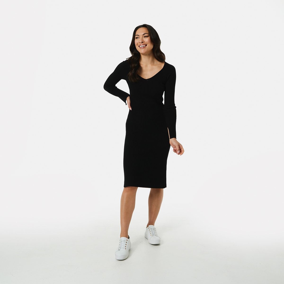 Long Sleeve True Knit V-Neck Midi Dress