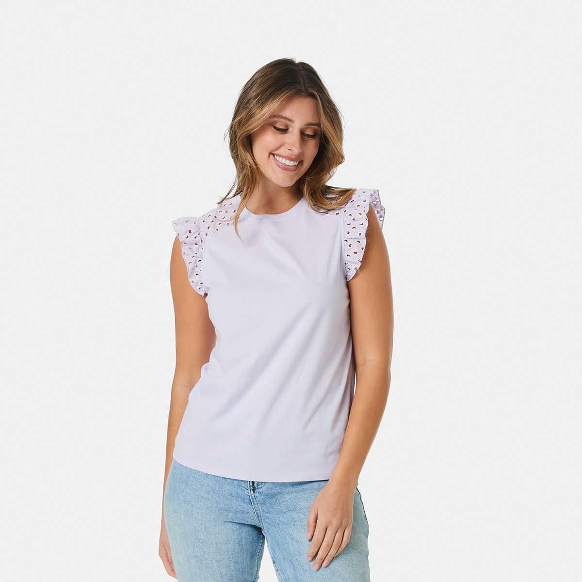 Sleeveless Broderie Detail Shoulder Top