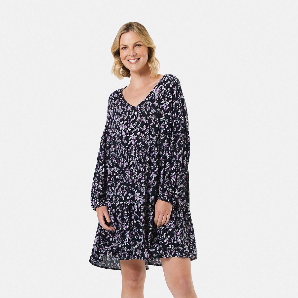 Long Volume Sleeve Tiered Dress