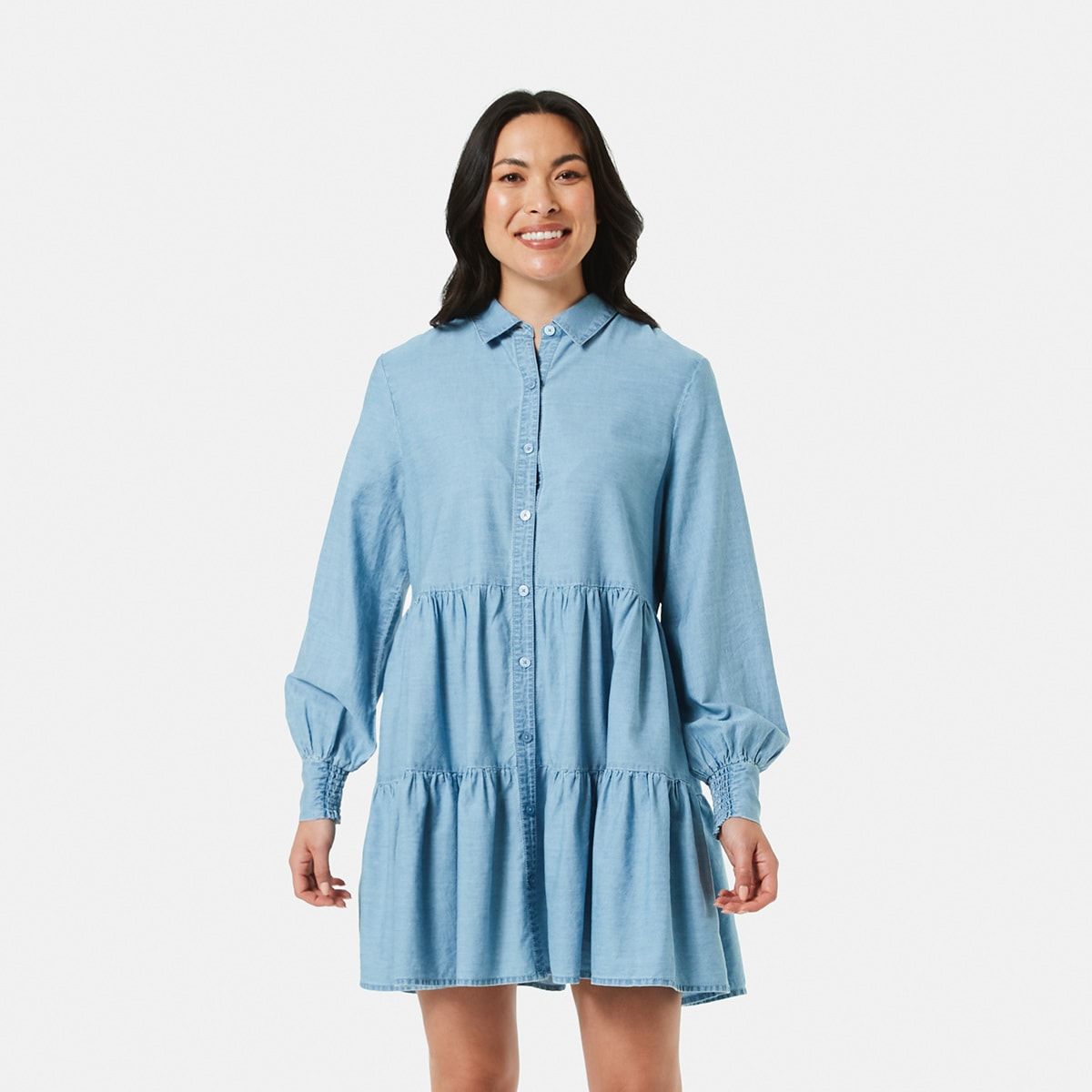 Long Sleeve Collared Neck Tiered Dress