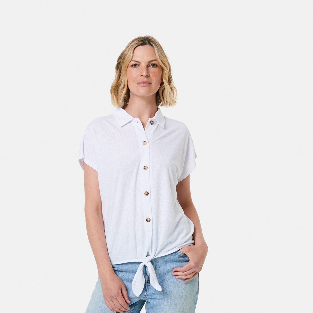 Short Sleeve Button Up Tie Front Top