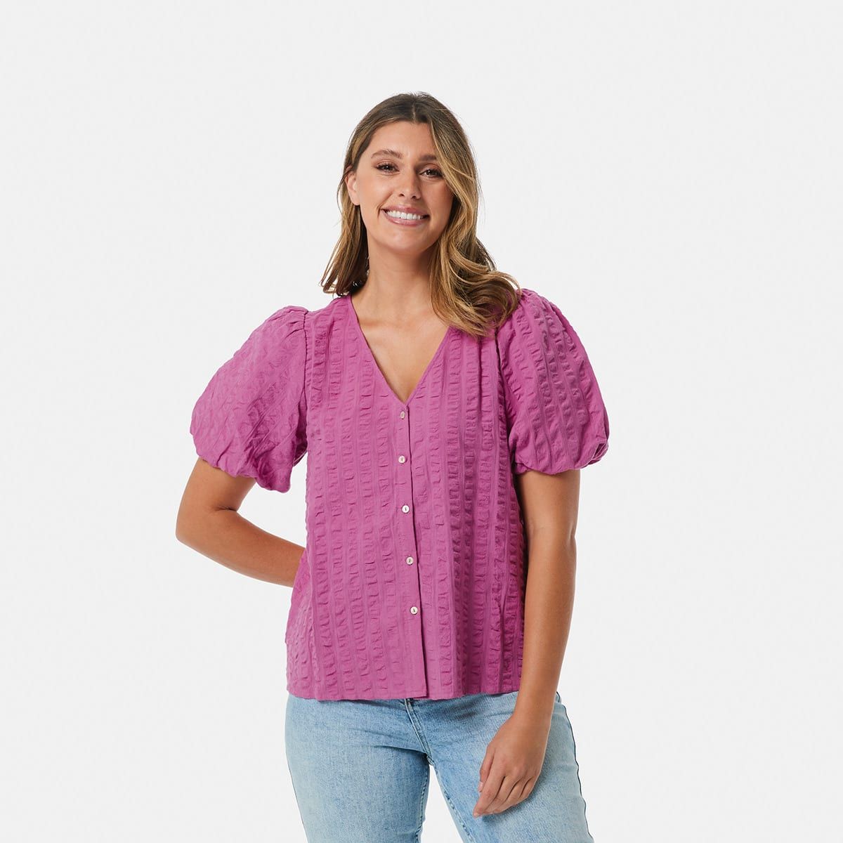 Short Puff Sleeve Button Front Top