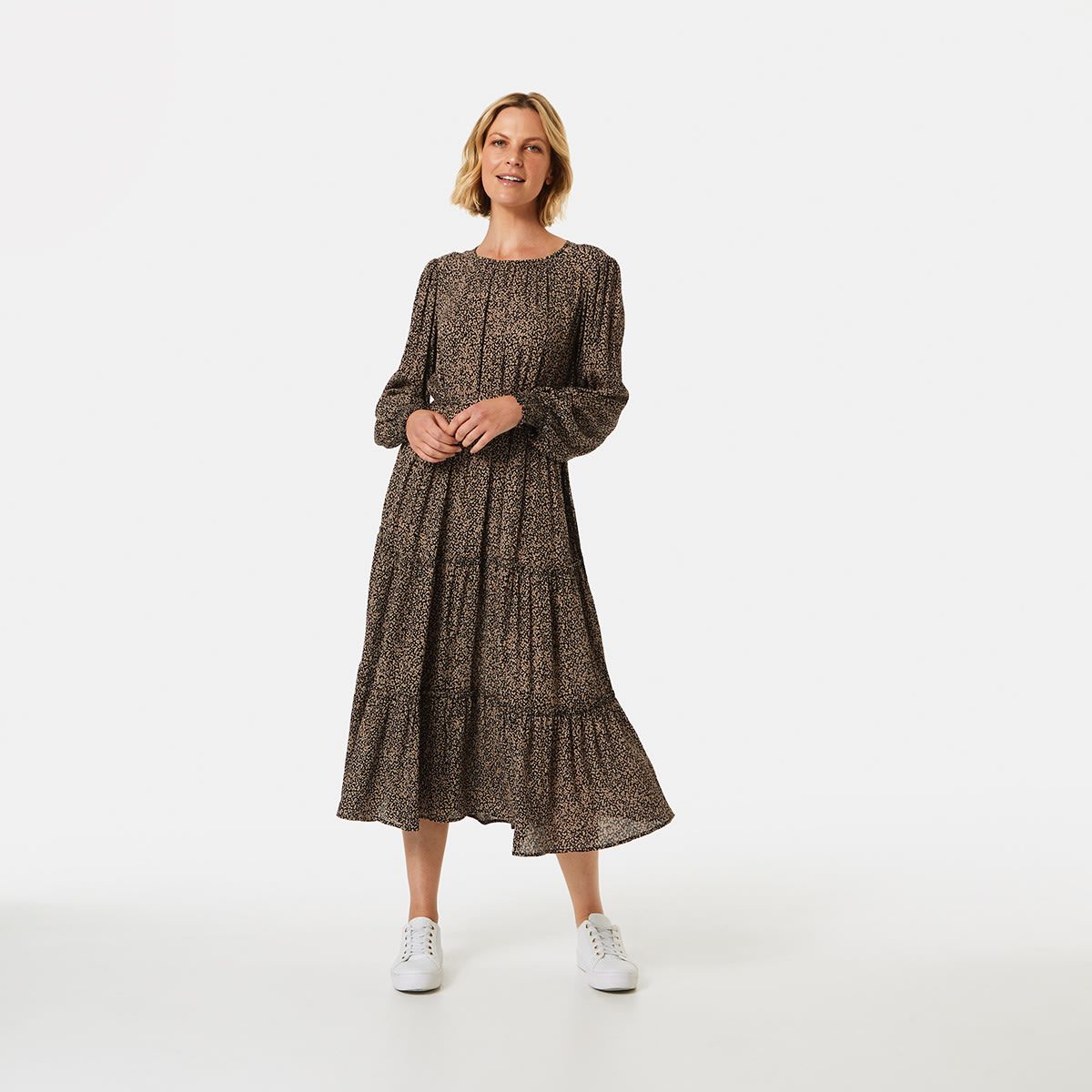 Long Sleeve Shirred Neck Dress