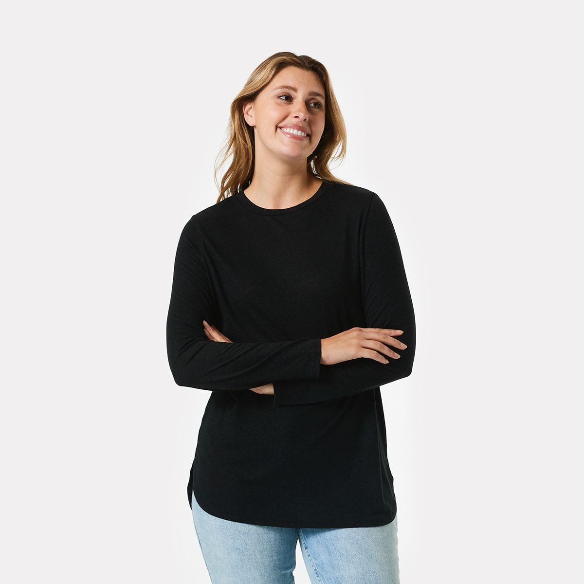 Long Sleeve Linen Blend Curved Hem Top