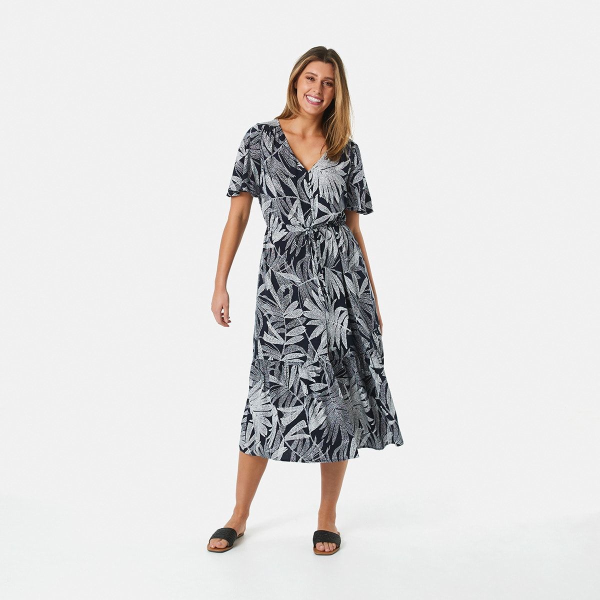Short Sleeve Button Front Flutter Dress