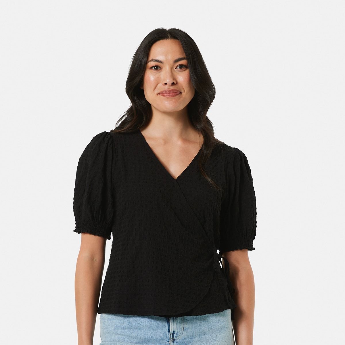 Short Sleeve Wrap Front Puff Top