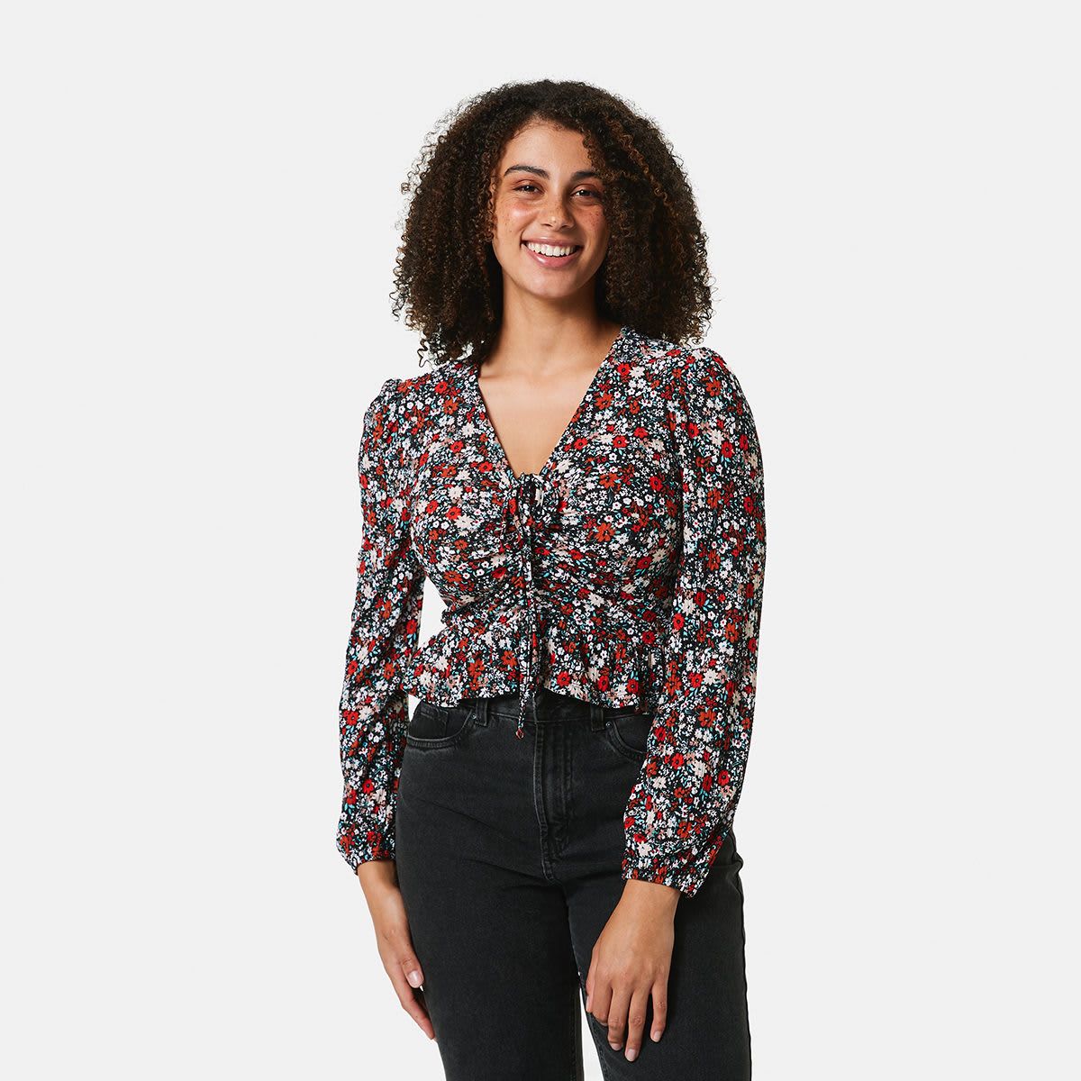 Long Sleeve Tie Front Crop Top
