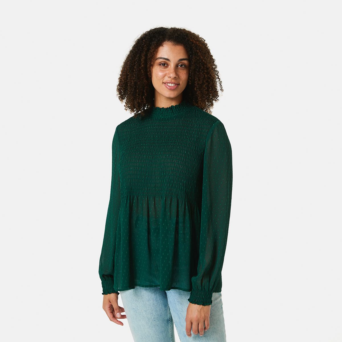 Long Sleeve Shirred Neck Top