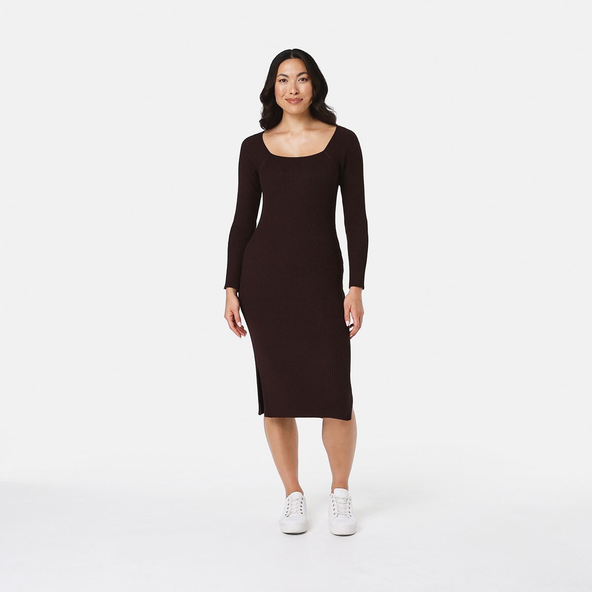 Long Sleeve True Knit Square Neck Midi Dress