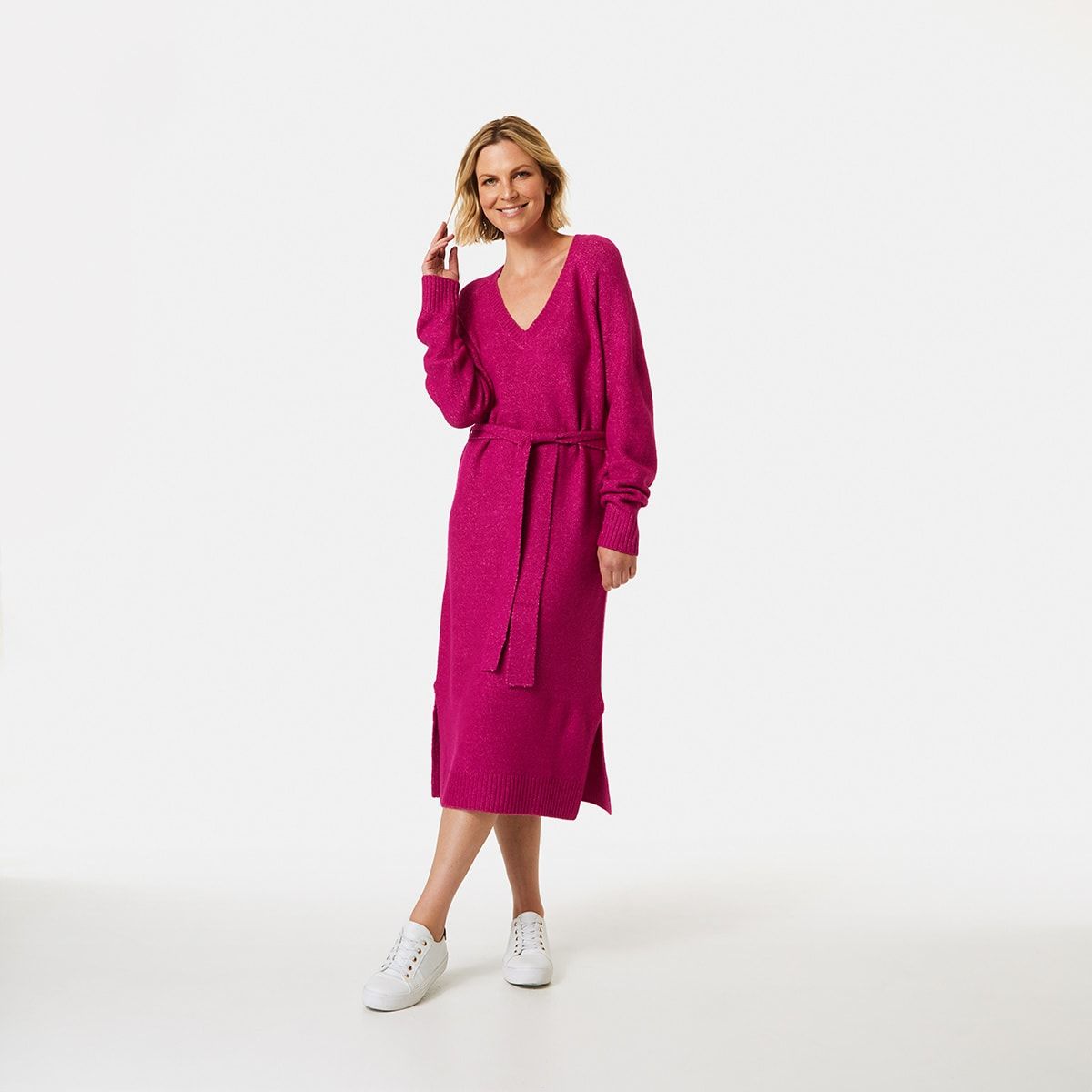 Long Sleeve V-Neck Knit Dress