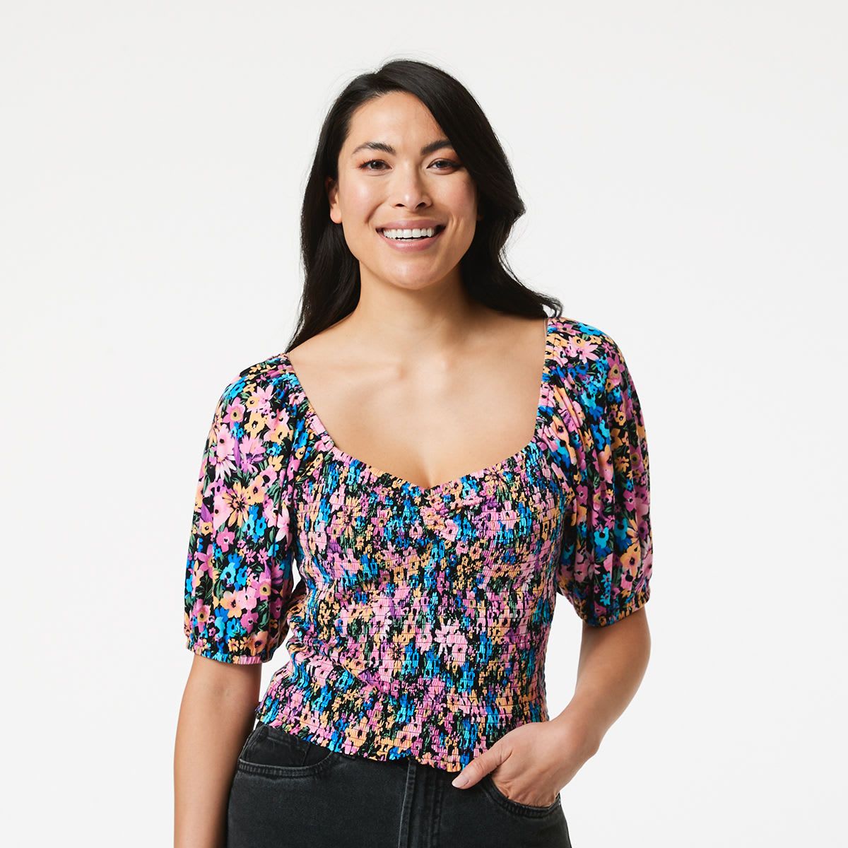 Short Sleeve Shirred Puff Top