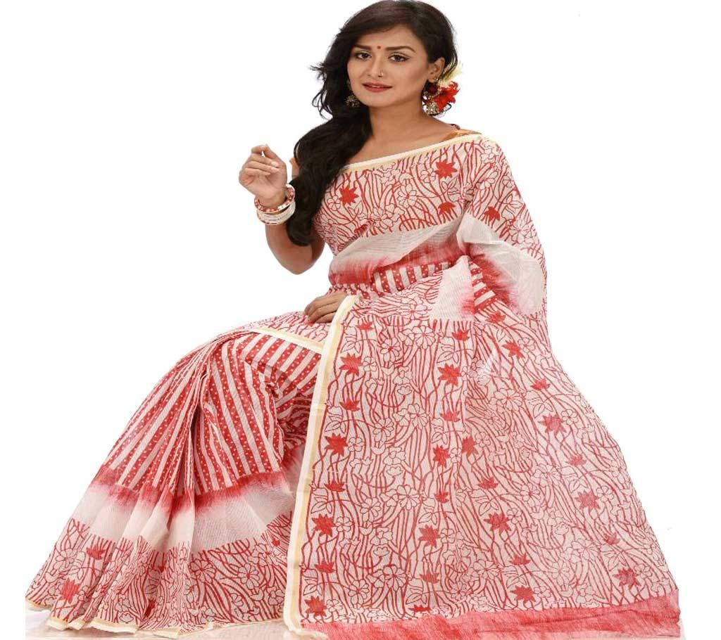 White & Red Taant Boutique Block Saree with Blouse Piece