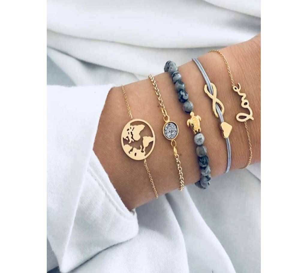 5 Pcs/set Bohemian Love Heart Trendy Tortoise Map Stone Gold Chain Women Bracelet Bangles
