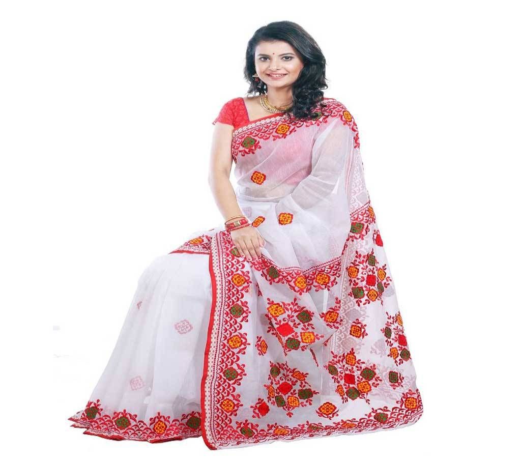 Gorgeous Off White with Red Pink, Yellow Gold Medium Size Flower Design in Paar and Anchol Silk Sharee - 971 (SU710)