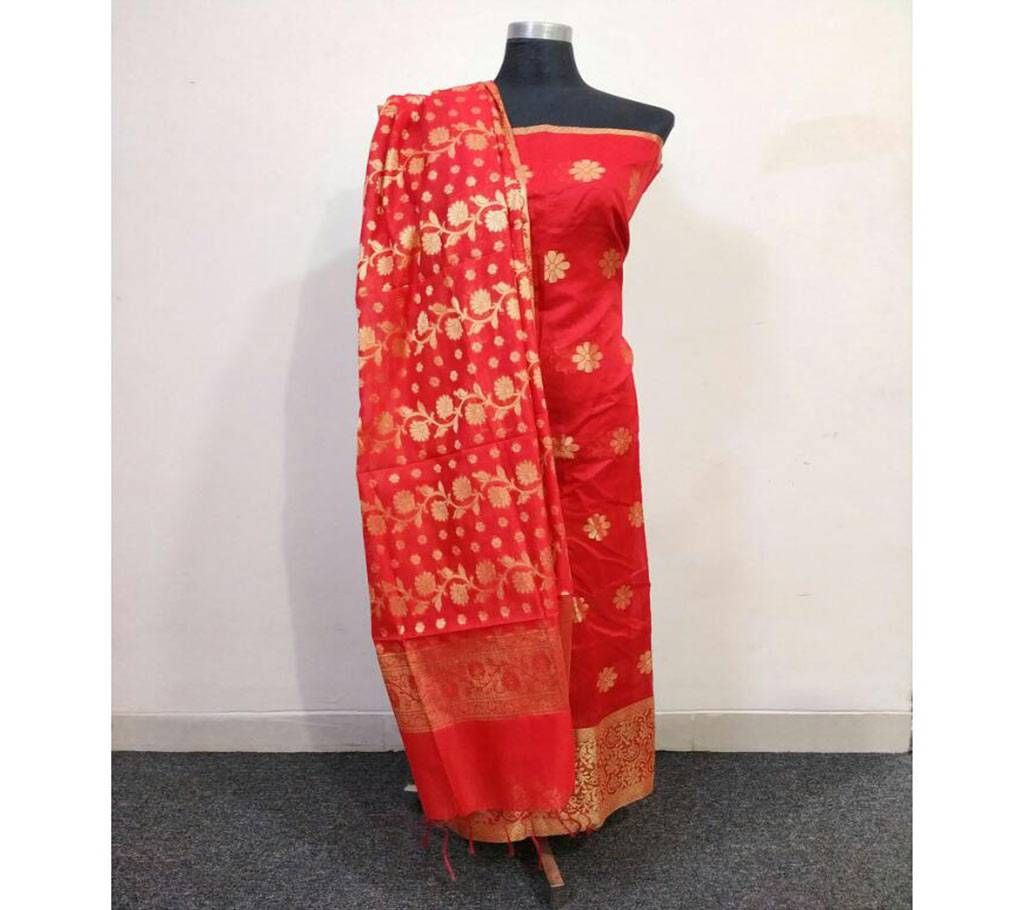 Indian Benarasi Katan 2 piece with Red flower color