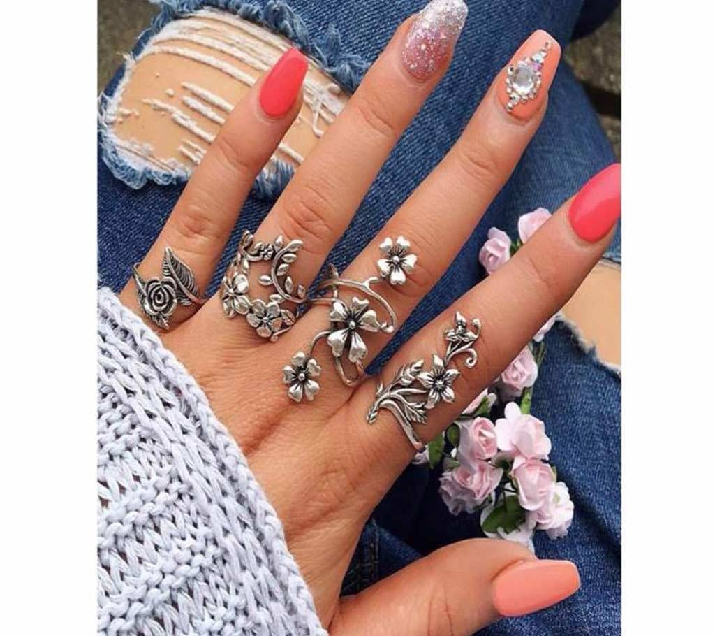 4Pcs Vintage Antique Silver Flower Rings For Women
