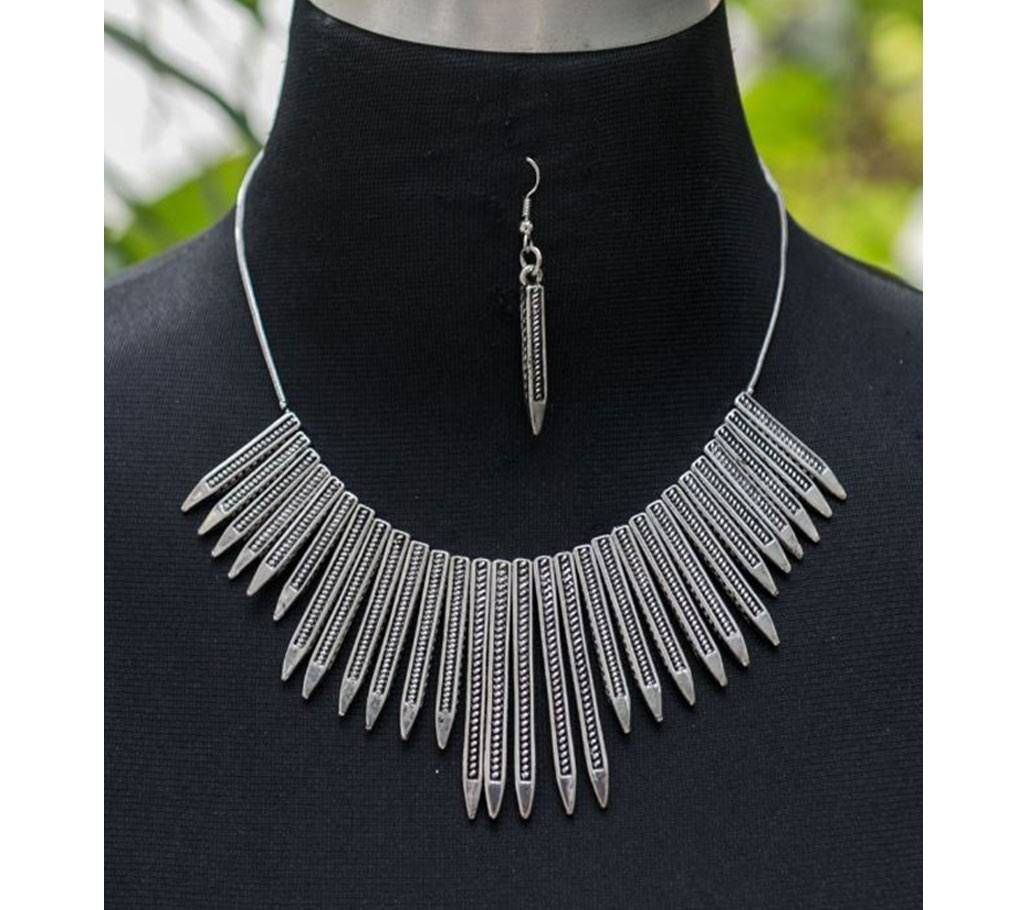 Silver Shape Design & Bullet Chain Necklace with Earring