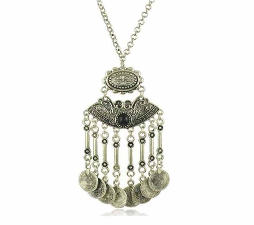 Silver color Tassels Long Carving Coins Necklace
