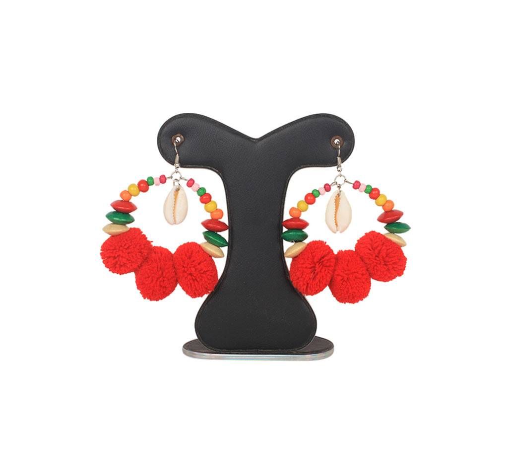 Red Pom Pom Circle Earrings