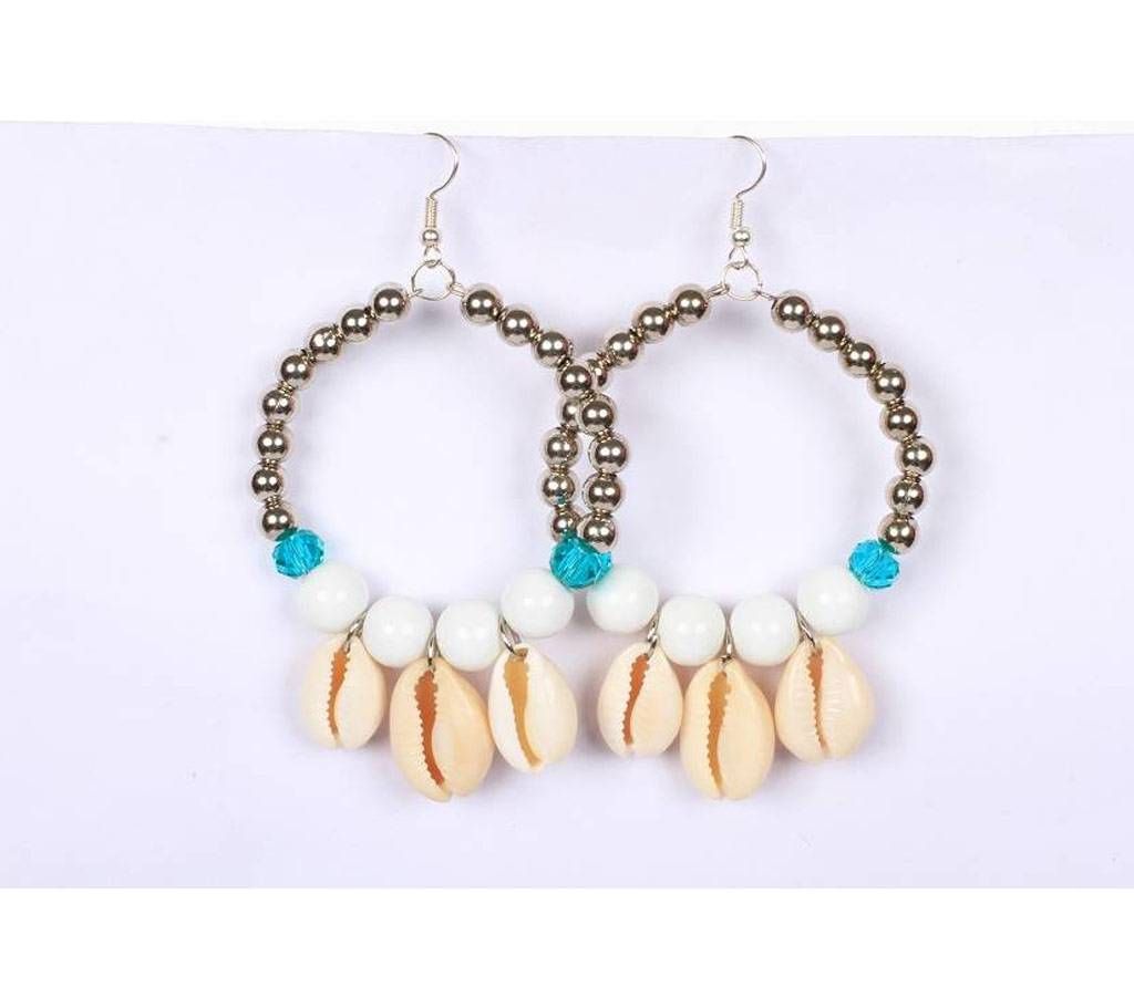 Tribal Sea Shell With White Glass Beads Earring 