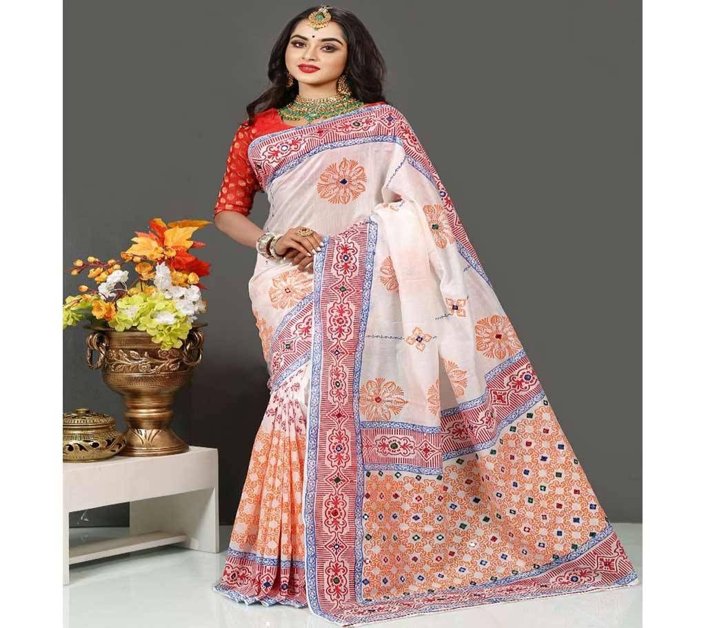 Pure Deshi Beautiful Sharee - Off White with Orange and Red Pink Design in Paar and Anchol