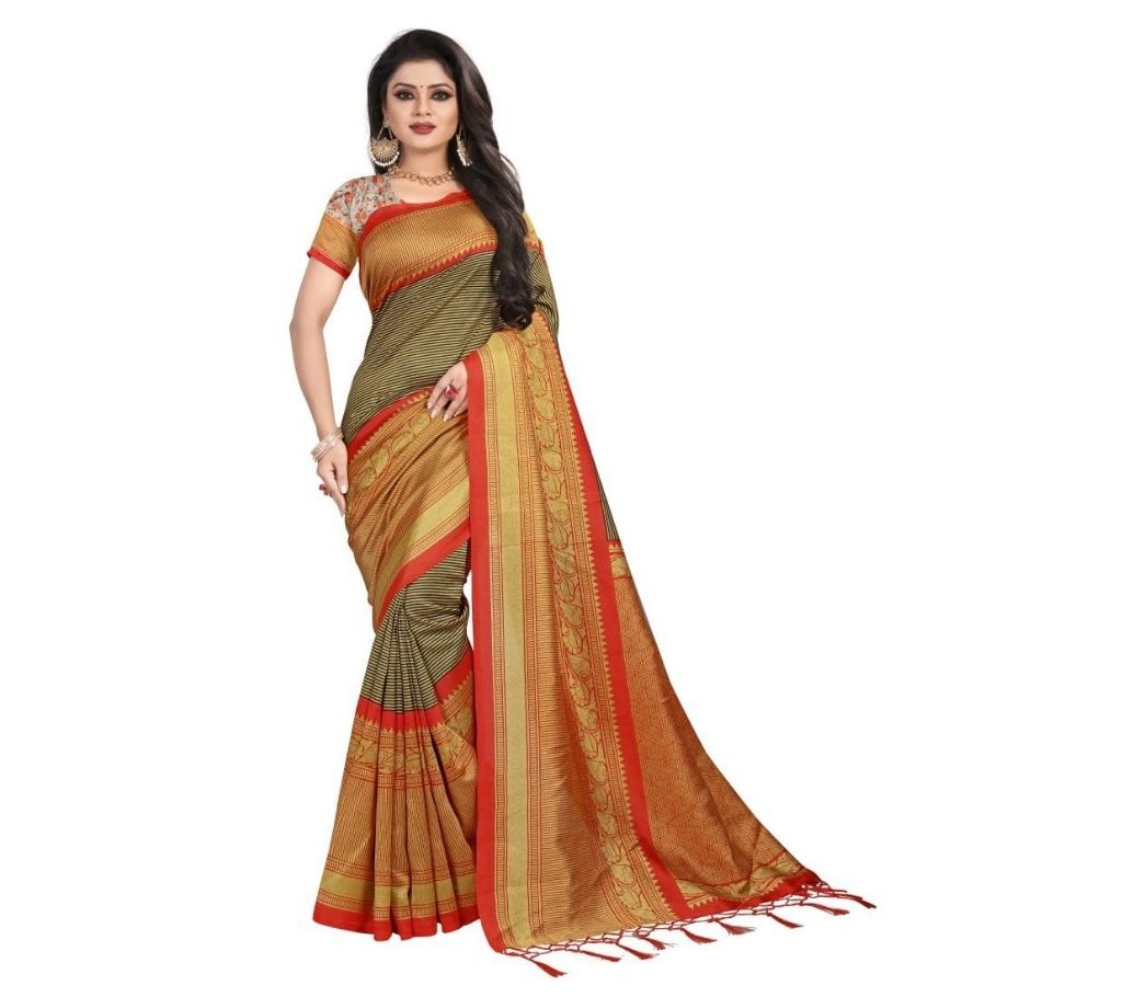 Mayshury Silk Sharee  13  Golden with Brown Thin Stripe Design in Body with Large Paar