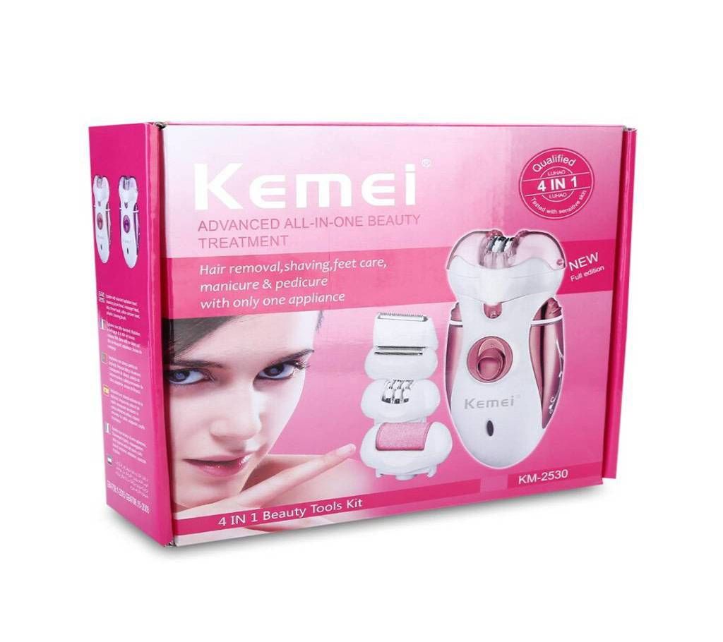 Exclusive Rechargeable Epilator Hair Remover Kemei KM - 2530 4 in 1 - White and Pink