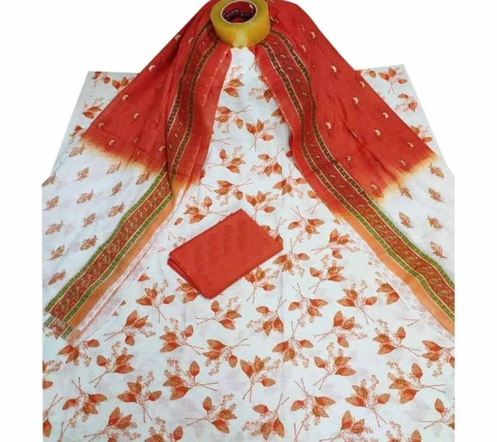 Latest white and orange Skin Printed 3 piece Salwar Kameez for Women