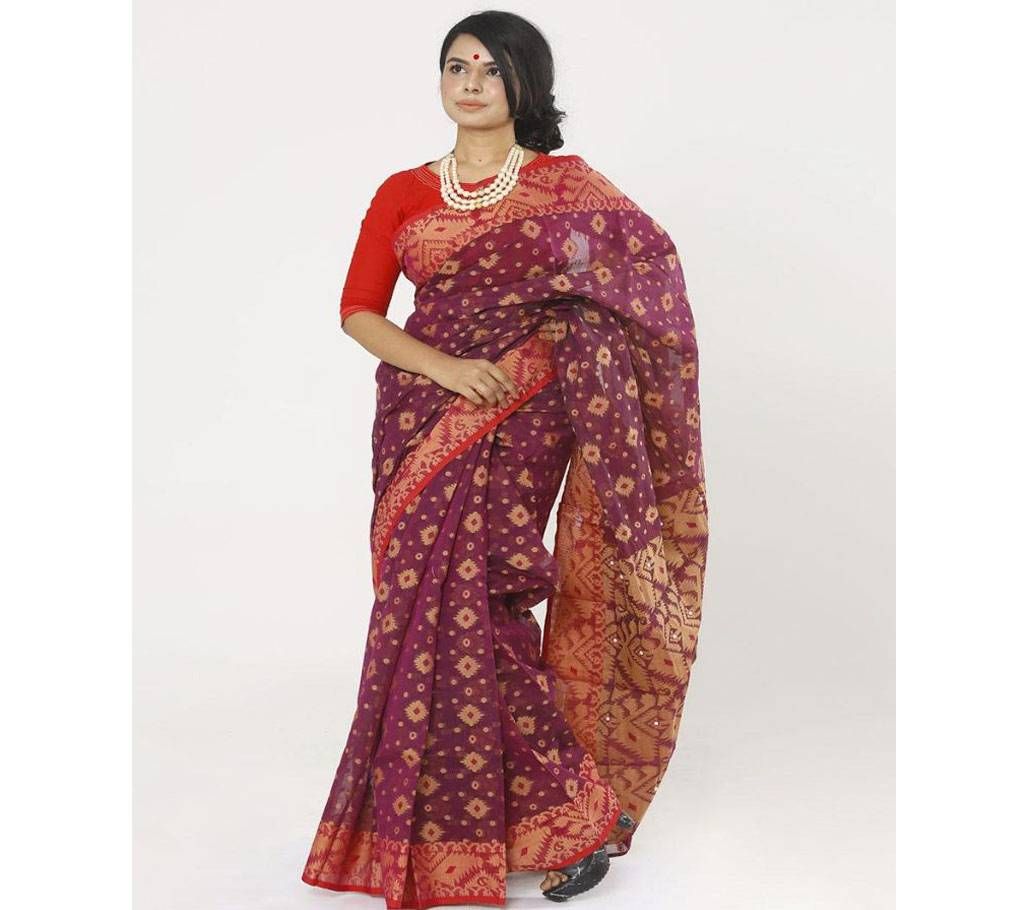 Light Megenta Full Cotton Shahdadpur Jamdani Saree For Women
